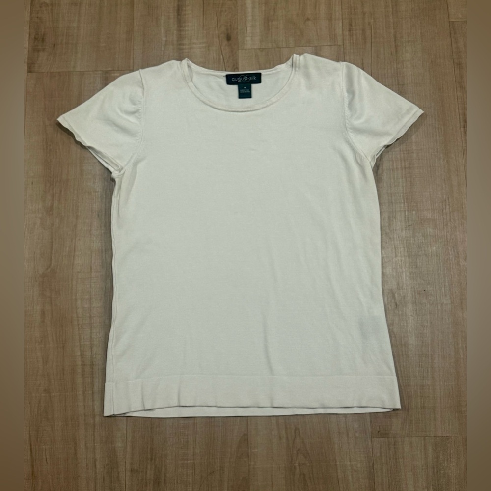 August Silk Cream Short Sleeve Knit Minimalist Silk Blend Top Size M